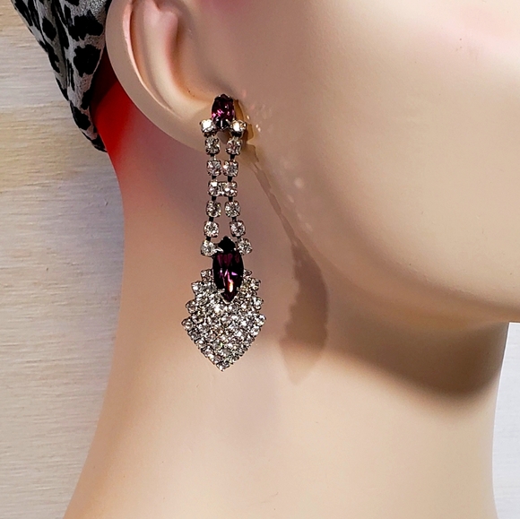 Vintage 90's amethyst rhinestone earrings - Picture 2 of 4